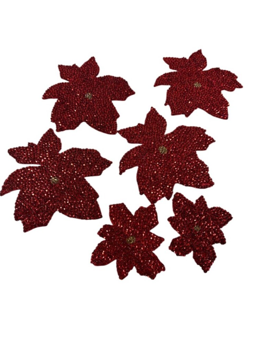 VTG Red Sequin Poinsettia Flower Appliques Set of 6 Christmas Holiday Decor Hand